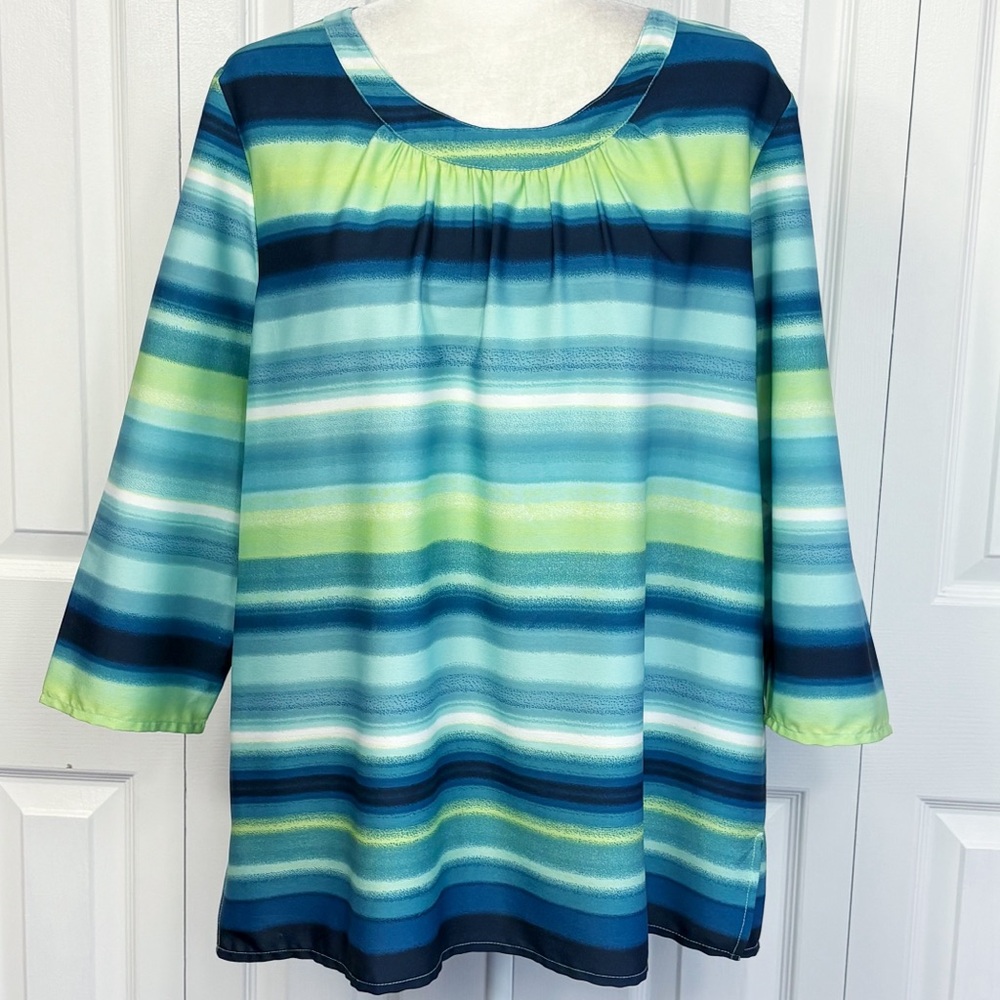 Chico's Blue & Green Ombre Stripe Scoop Neck 3/4 Sleeve Blouse XL